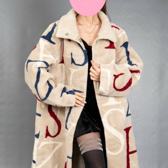 New Unbranded Cocoon Wool Teddy Bear Coat Beige Belted Alphabet Print No Alpaca - Picture 5 of 13